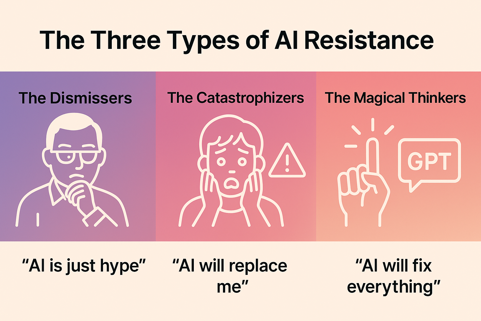 An infographic titled 'The Three Types of AI Resistance' visually presents three personas hindering AI adoption: 'The Dismissers' with a skeptical man and the quote 'AI is just hype'; 'The Catastrophizers' with a worried individual flanked by a warning symbol and the quote 'AI will replace me'; and 'The Magical Thinkers' showing a pointing hand and a GPT speech bubble with the quote 'AI will fix everything.' Each type is placed against a distinct gradient background transitioning from purple to pink to orange, with bold black and white icons and headings.